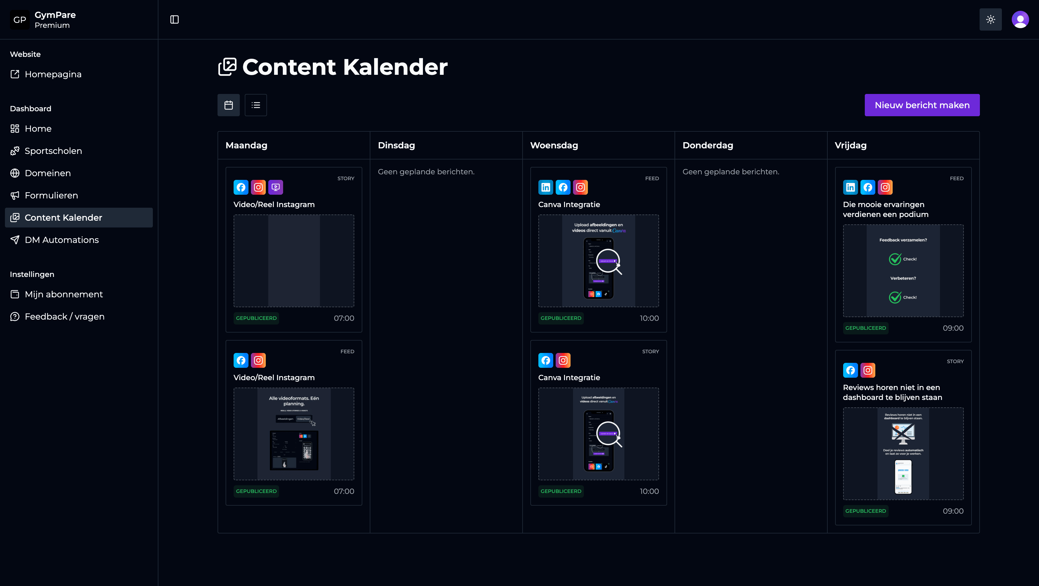 GymPare dashboard met content kalender, analytics en DM automations