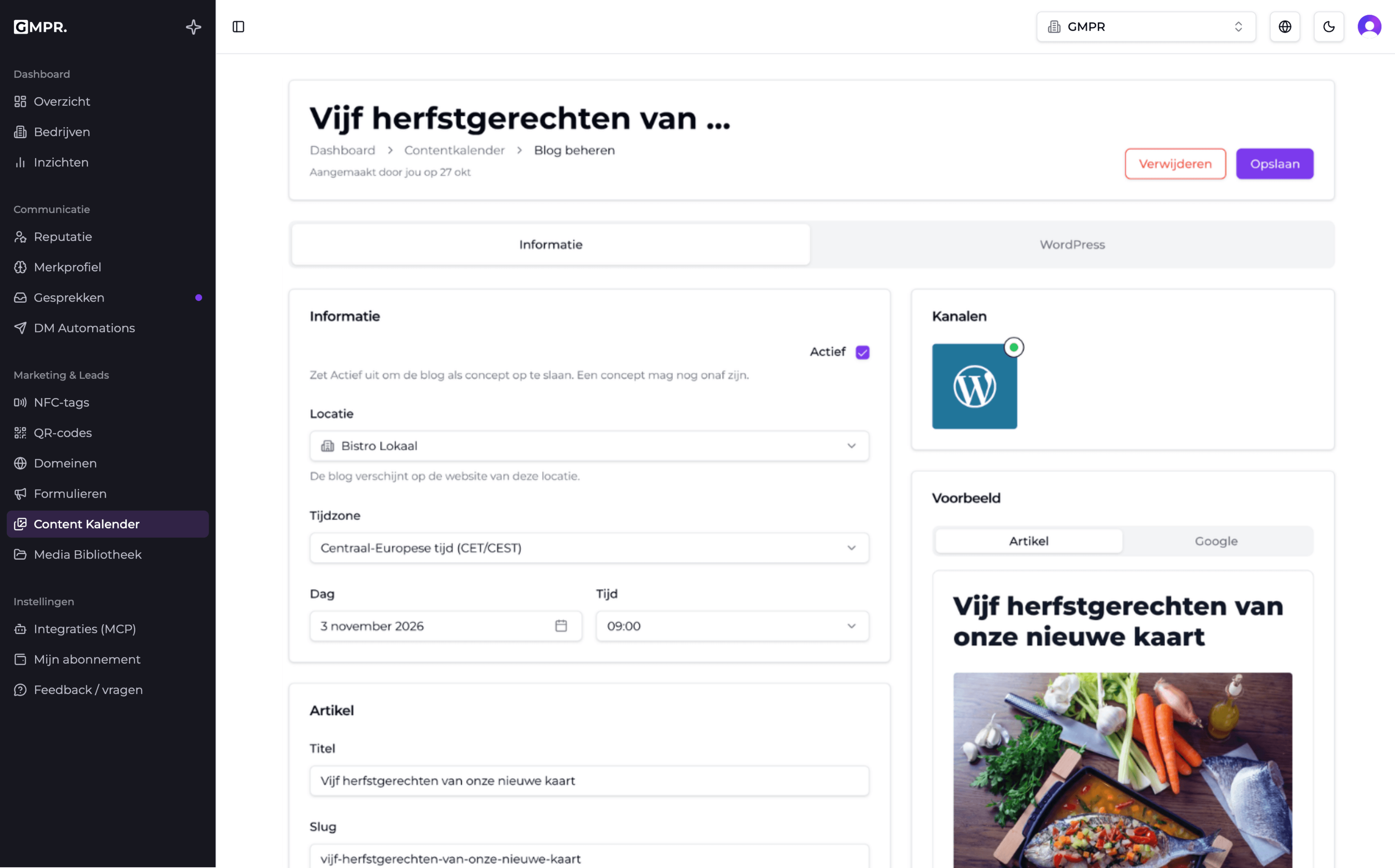 De blogeditor in GymPare met een artikel over herfstgerechten: de dag en het uur van publiceren, de titel en een voorbeeld van de blog met de uitgelichte afbeelding