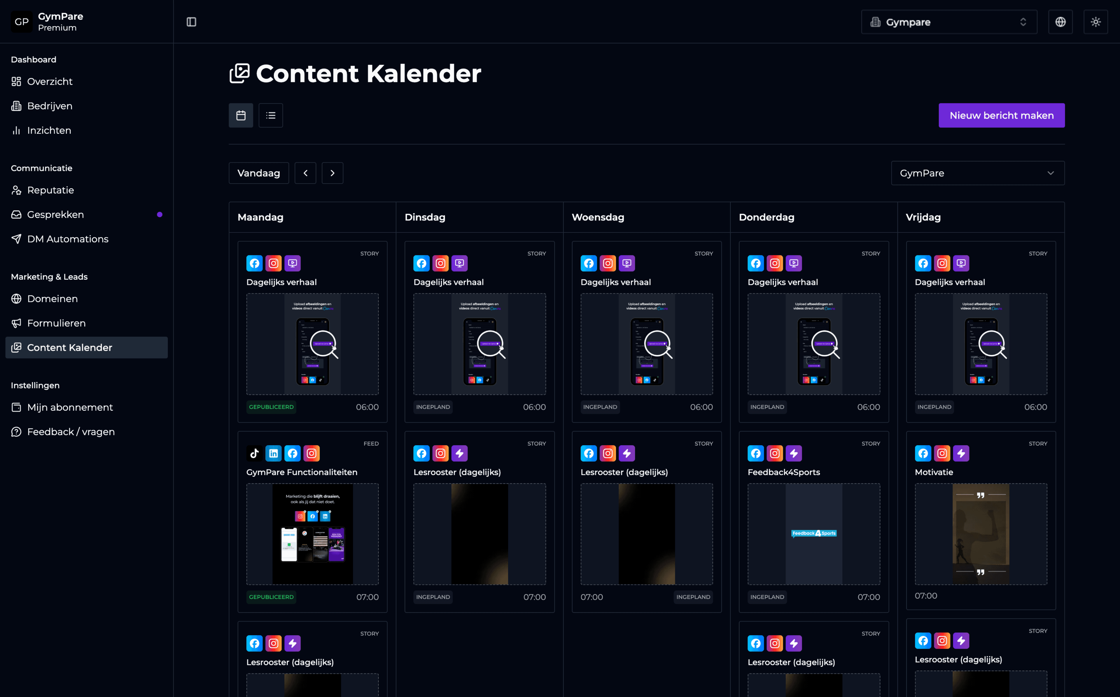 GymPare dashboard met content kalender