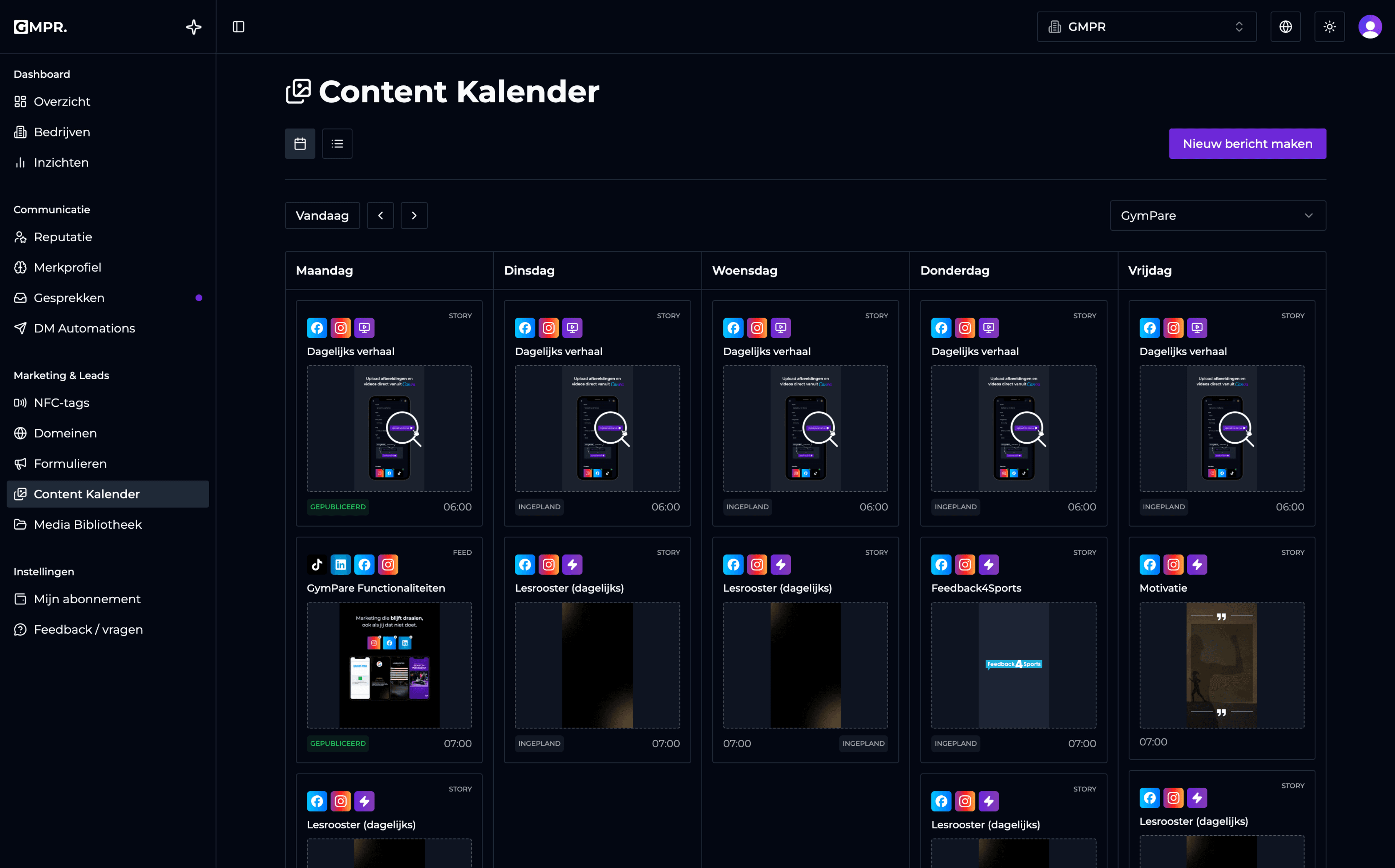 GymPare dashboard met content kalender
