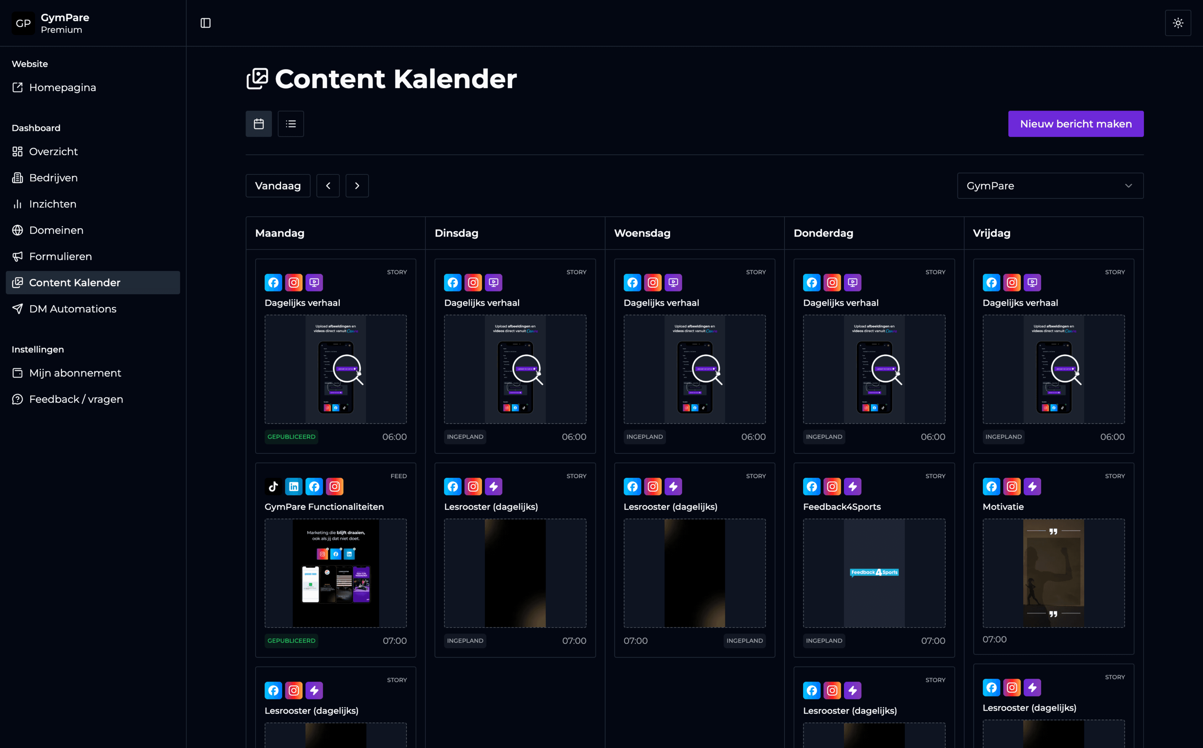 GymPare dashboard met content kalender