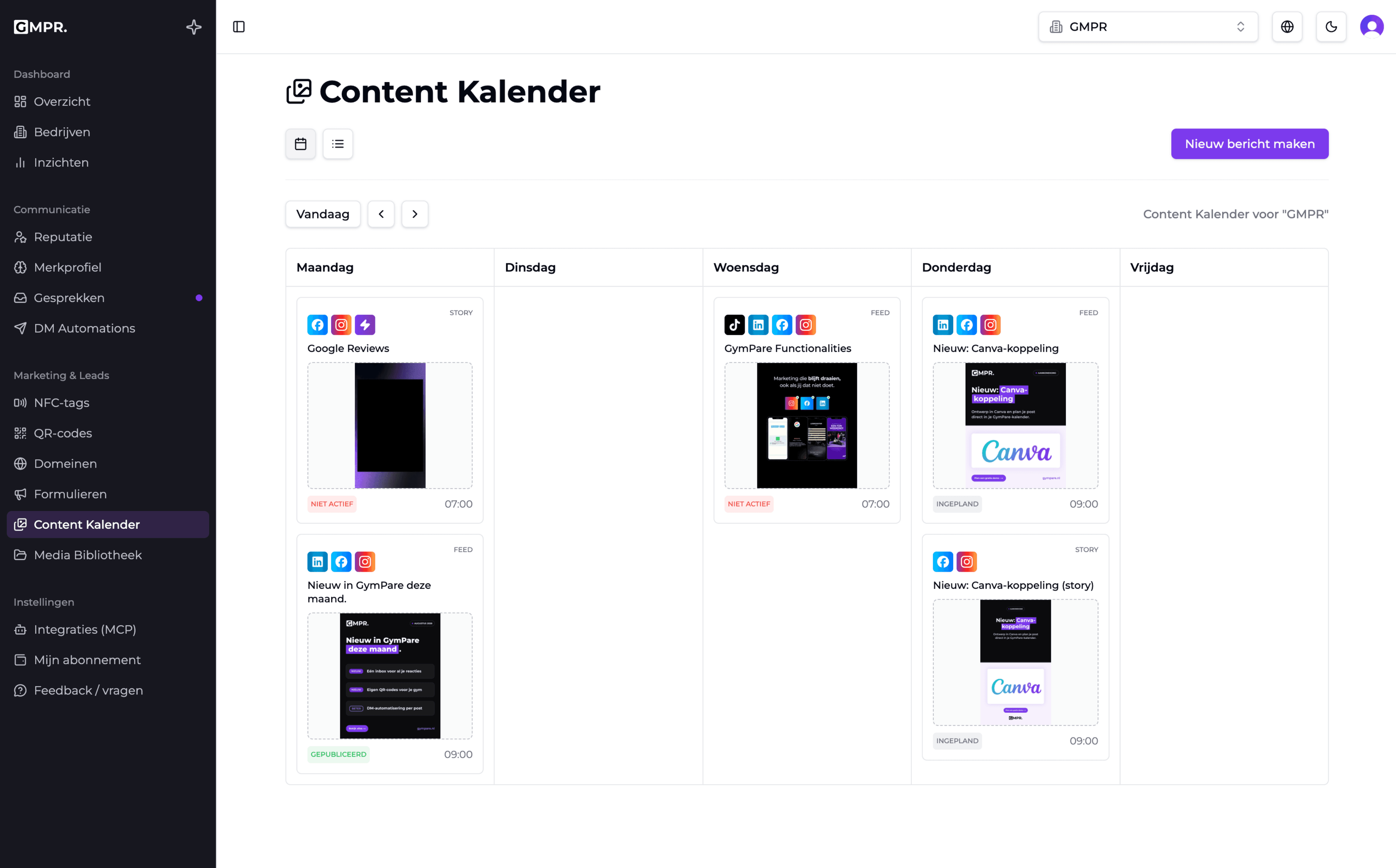 GymPare dashboard met content kalender