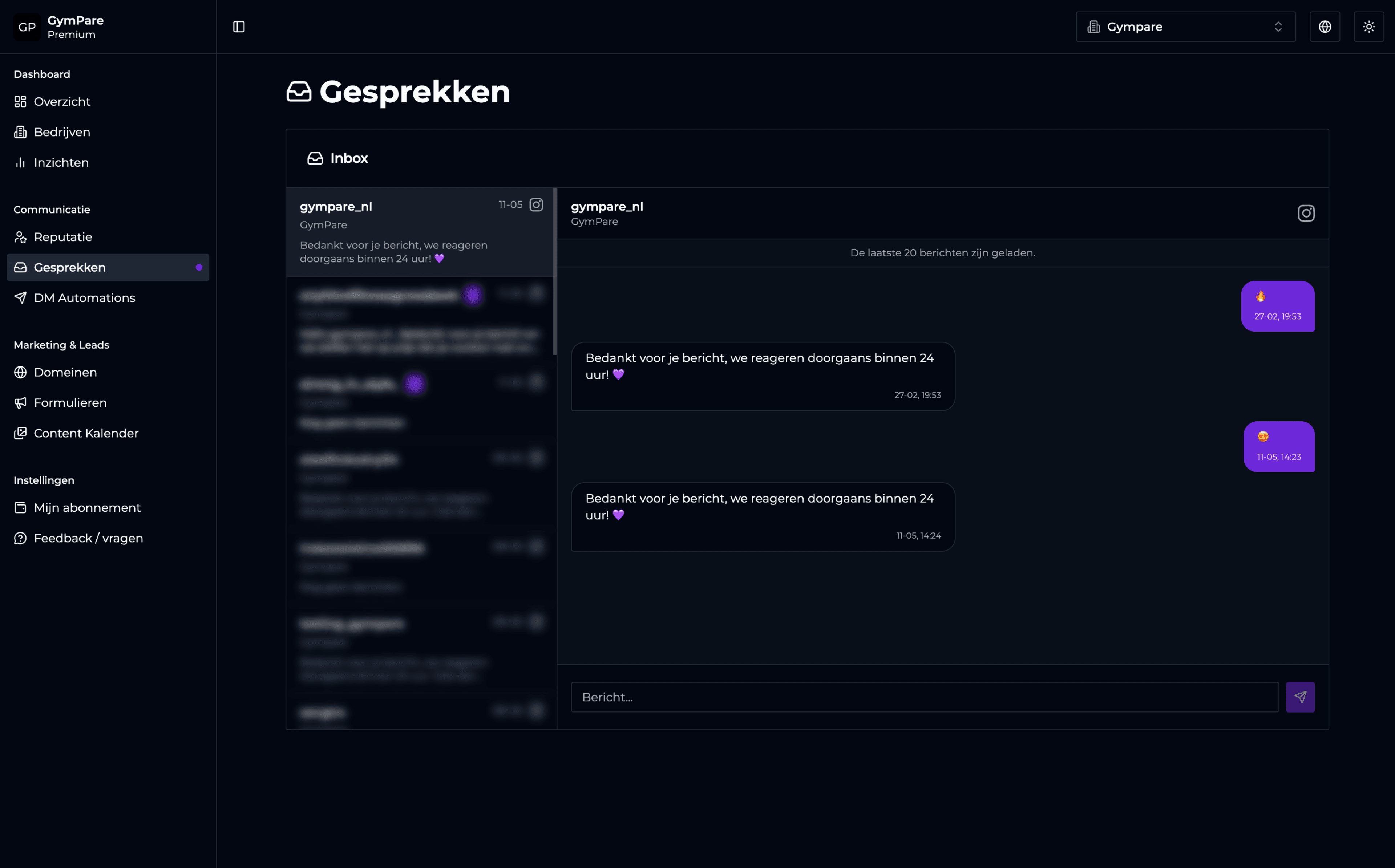 GymPare dashboard met gesprekken