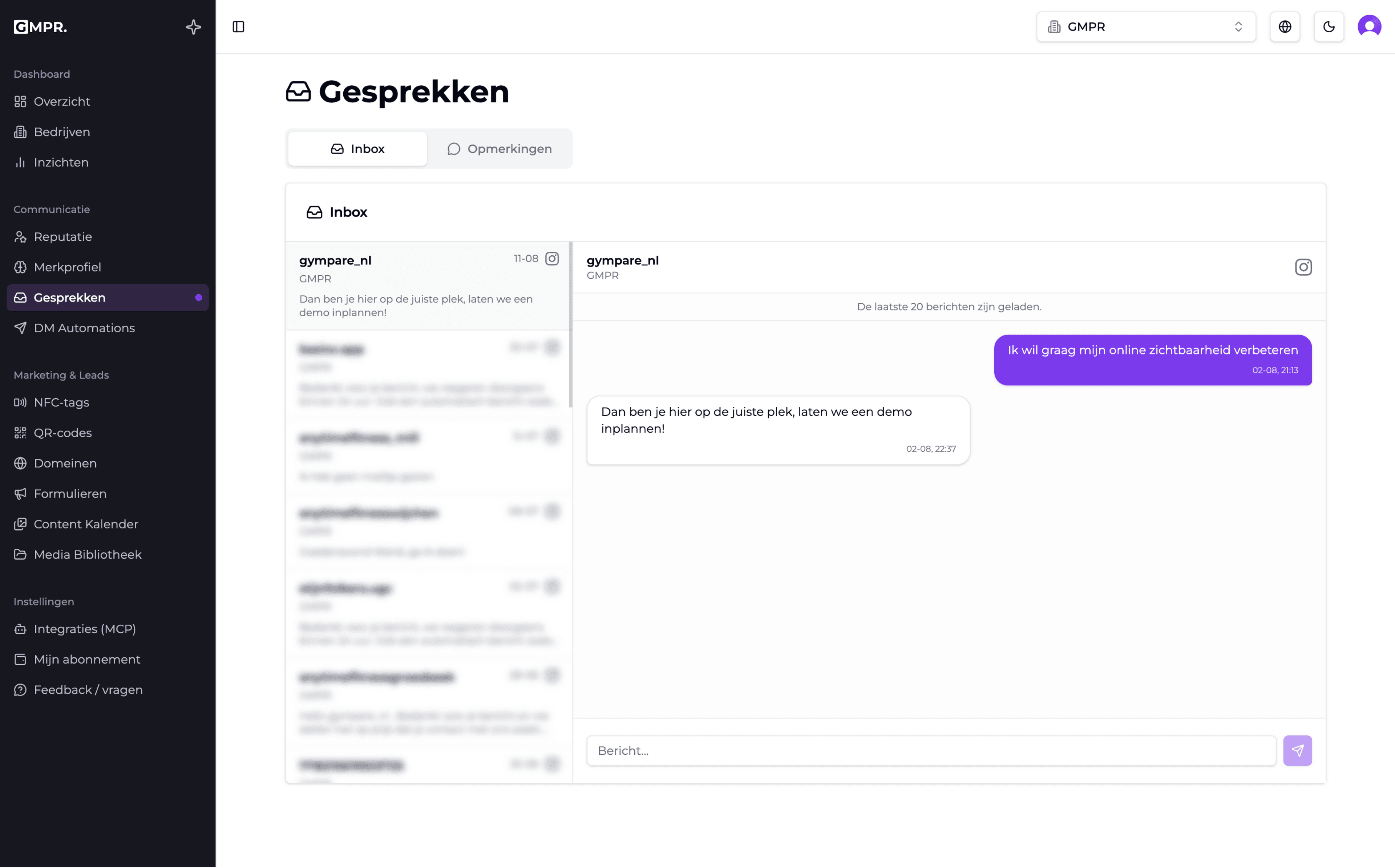 GymPare dashboard met gesprekken
