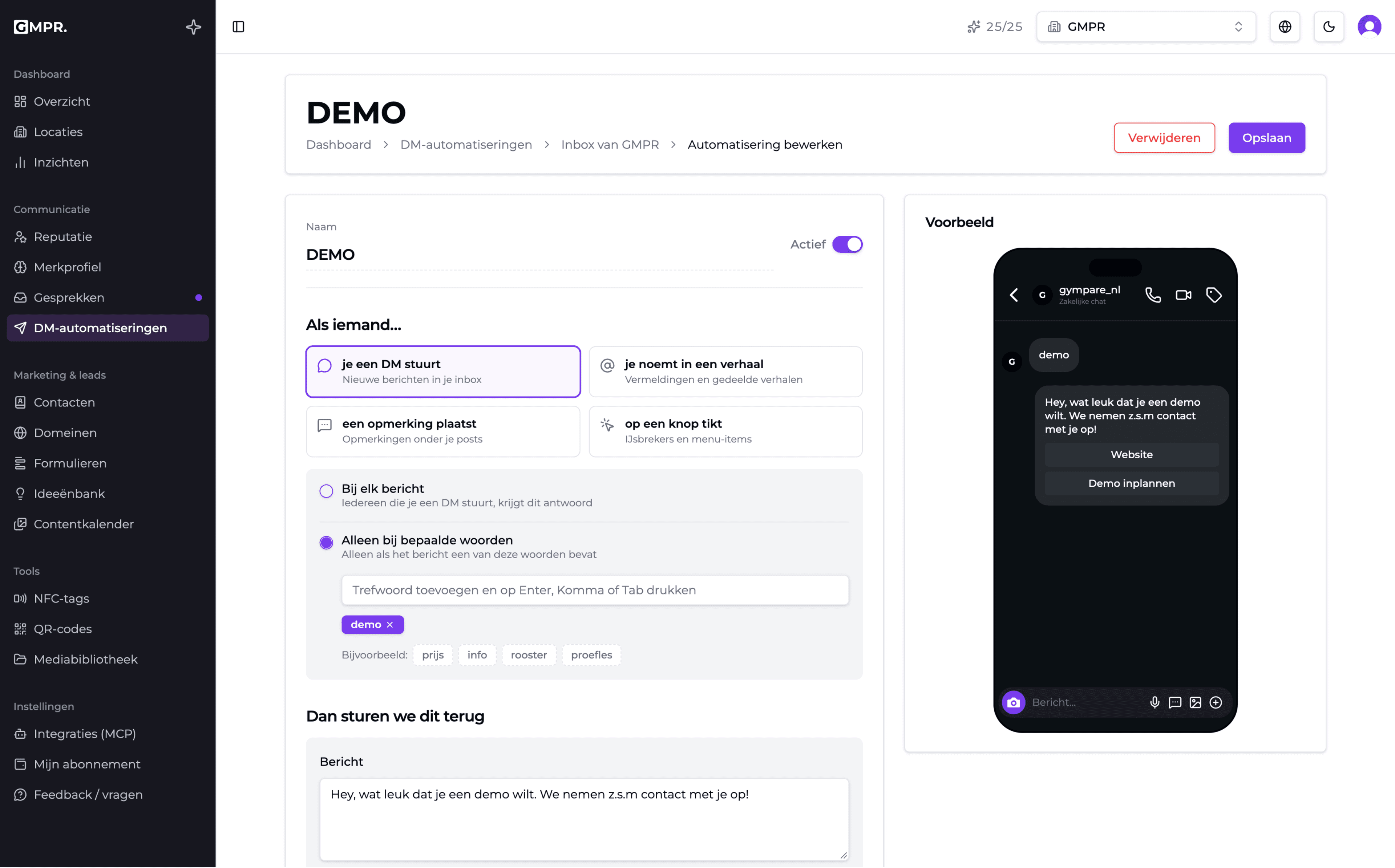 Een DM-automatisering bewerken in GymPare: kiezen wanneer die afgaat, het trefwoord demo, het antwoordbericht en rechts een voorbeeld op een telefoon met de knoppen Website en Demo inplannen