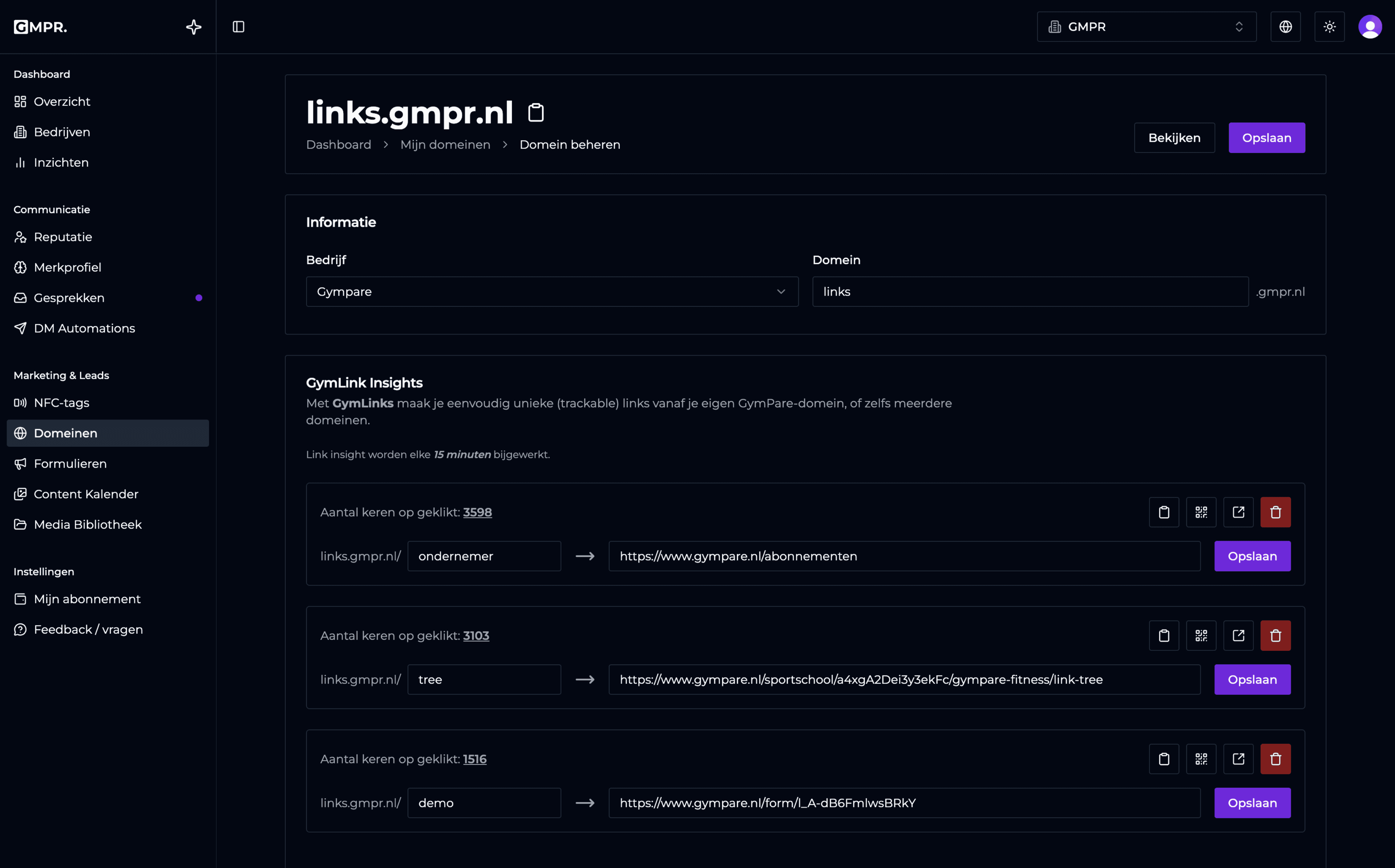 GymPare dashboard met domeinen
