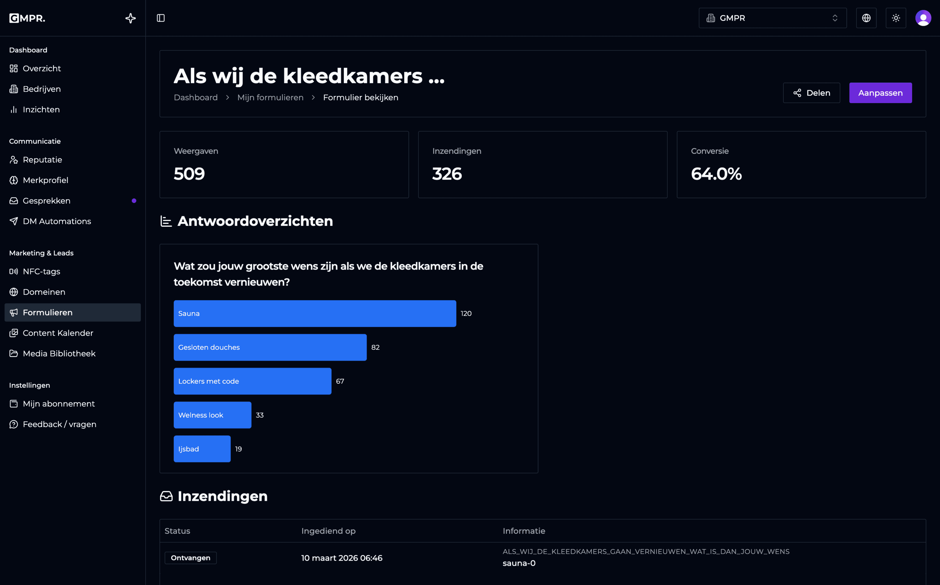 GymPare dashboard met formulieren
