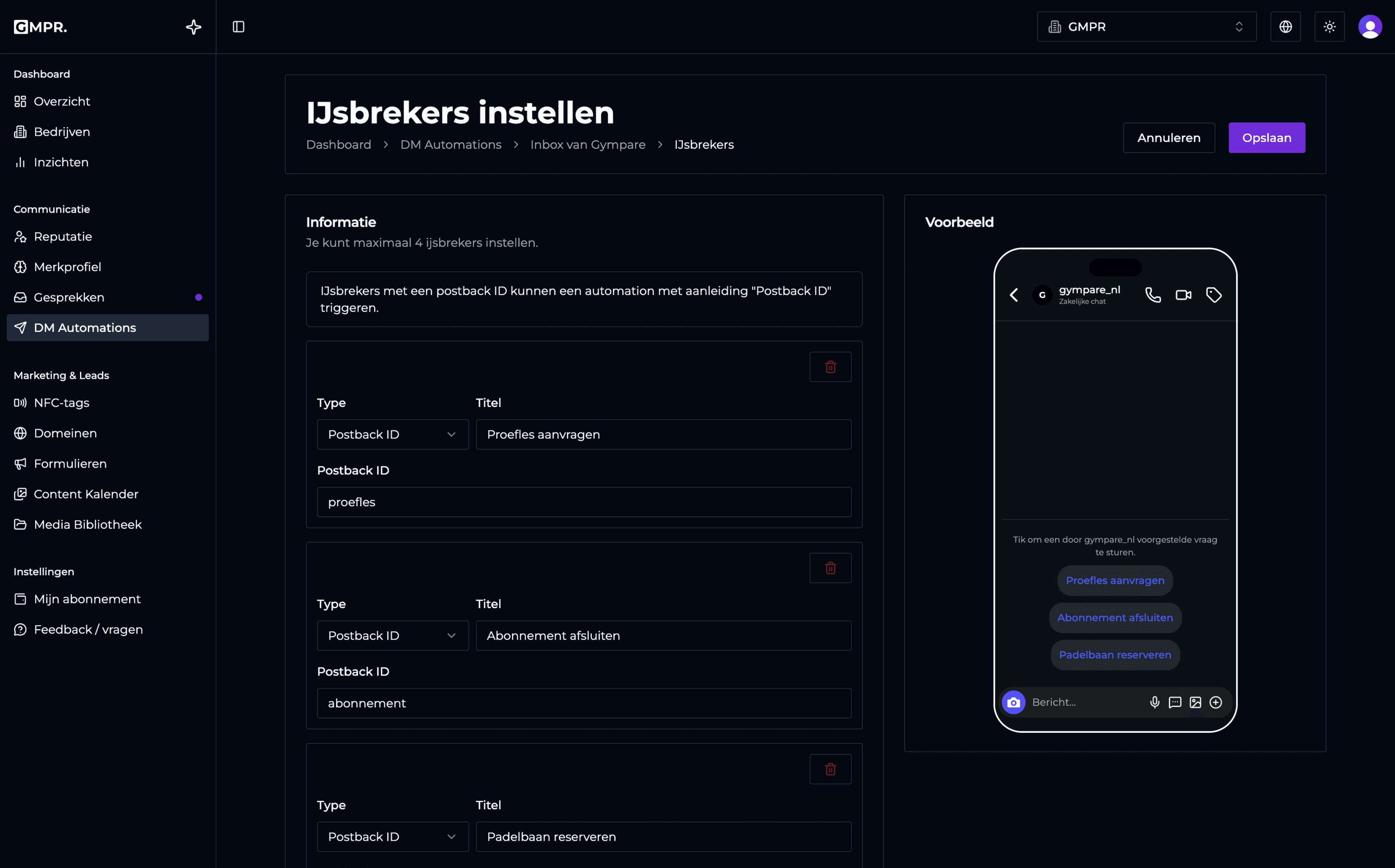 GymPare dashboard met DM automations