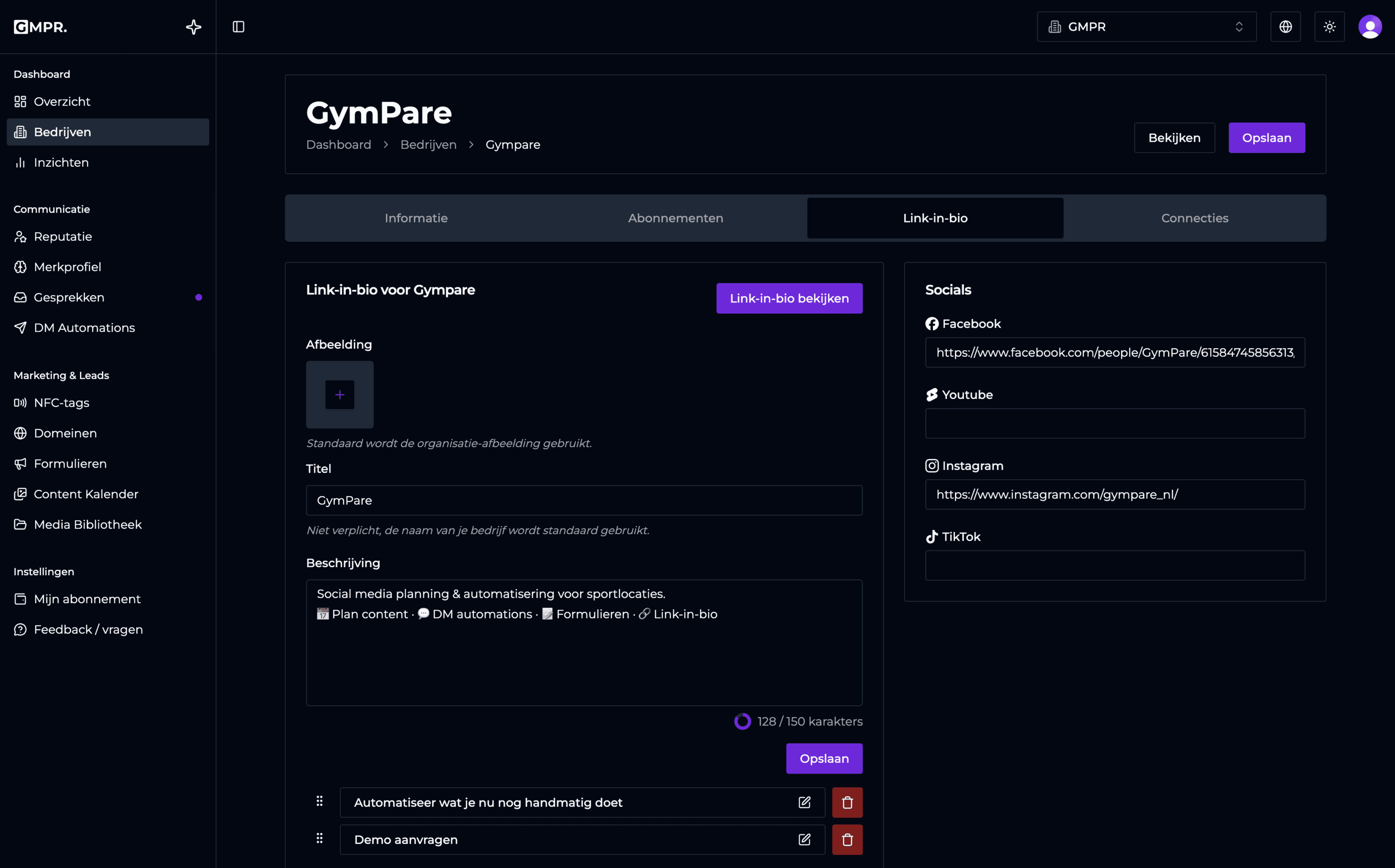 GymPare dashboard met link-in-bio