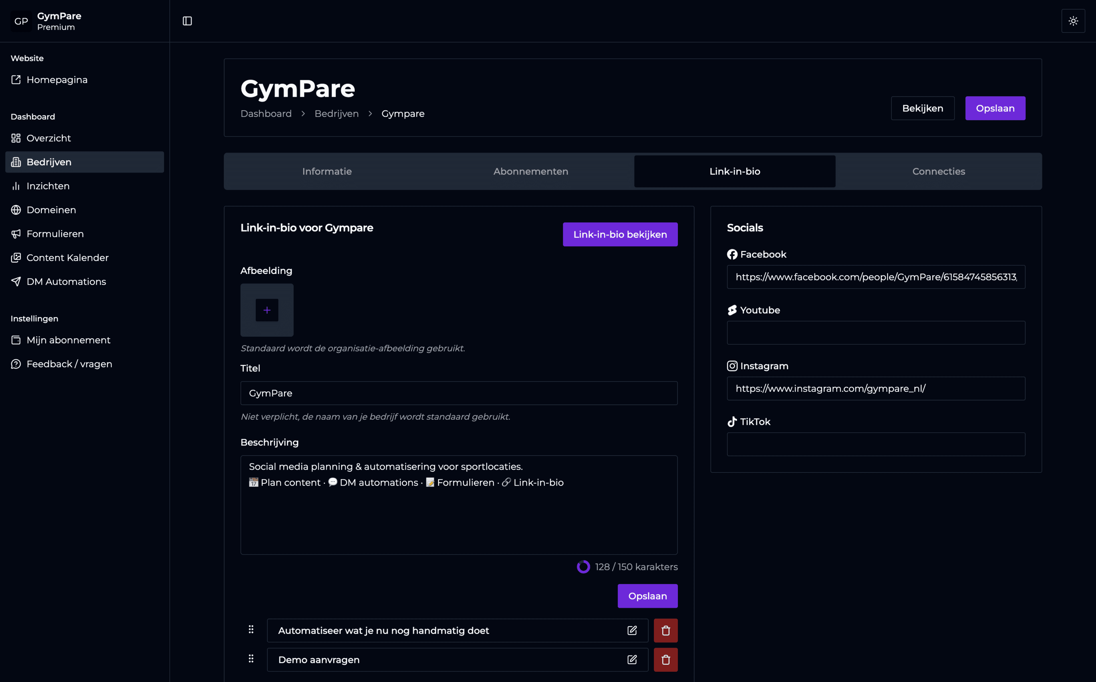 GymPare dashboard met link-in-bio