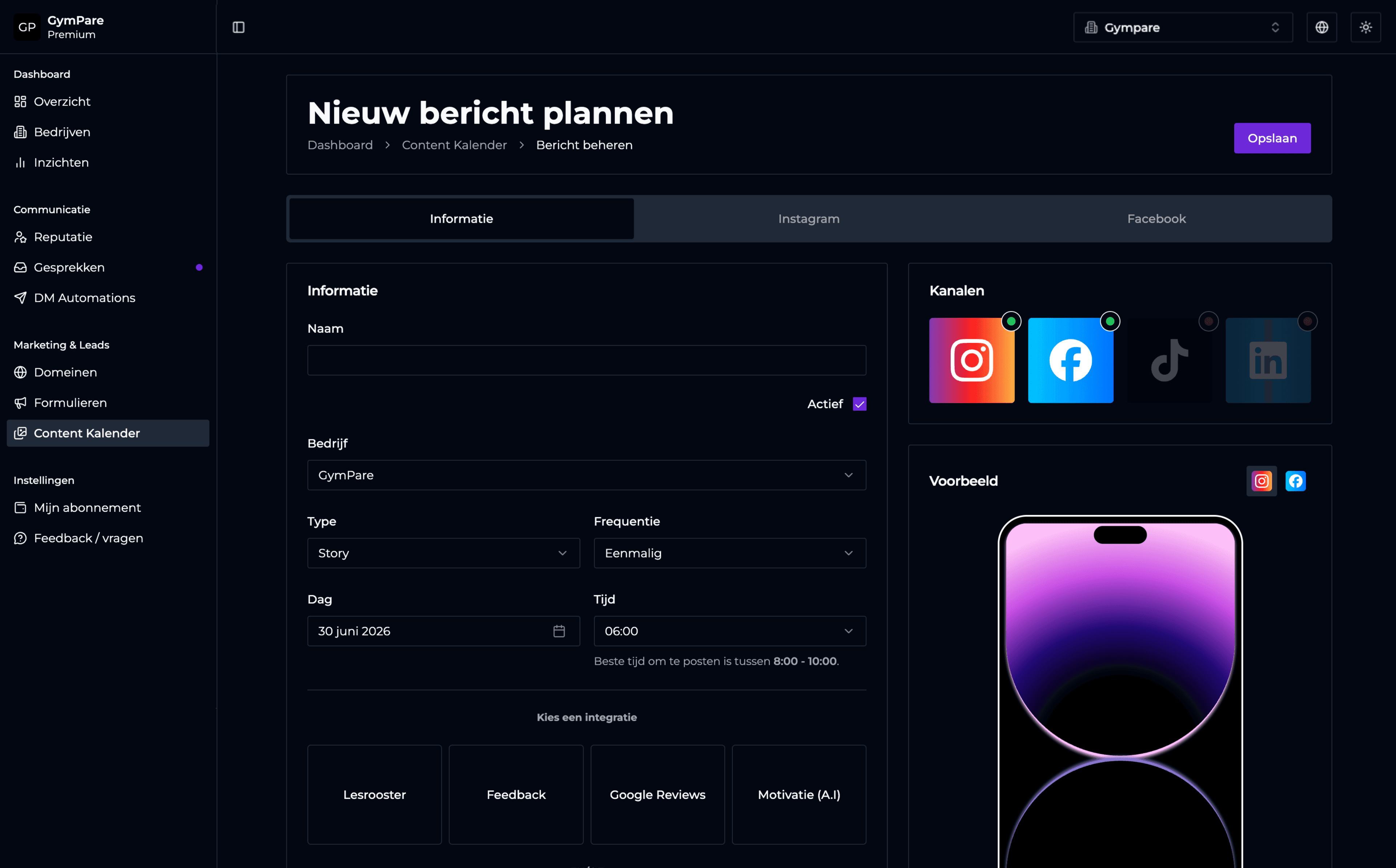GymPare dashboard met nieuw bericht plannen