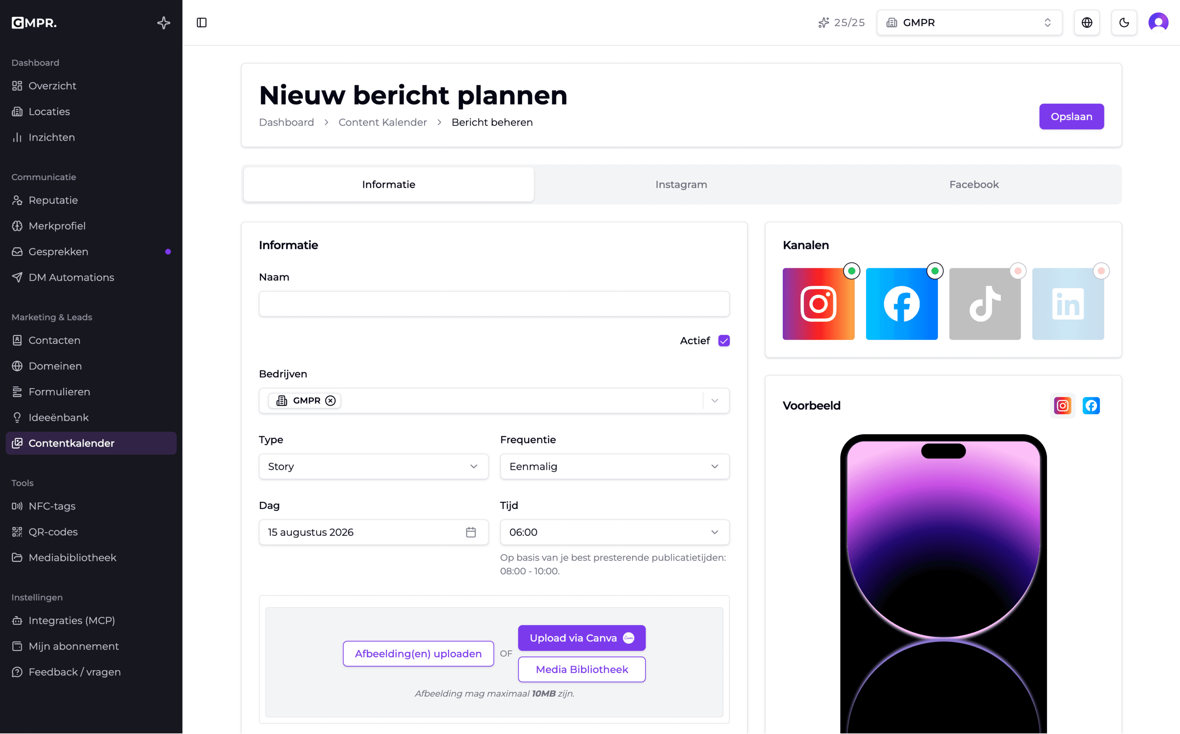 Scherm 'Nieuw bericht plannen' in GymPare met kanaalkeuze, type story, frequentie eenmalig, dag, tijd, een suggestie voor de beste publicatietijd en uploadopties inclusief Canva