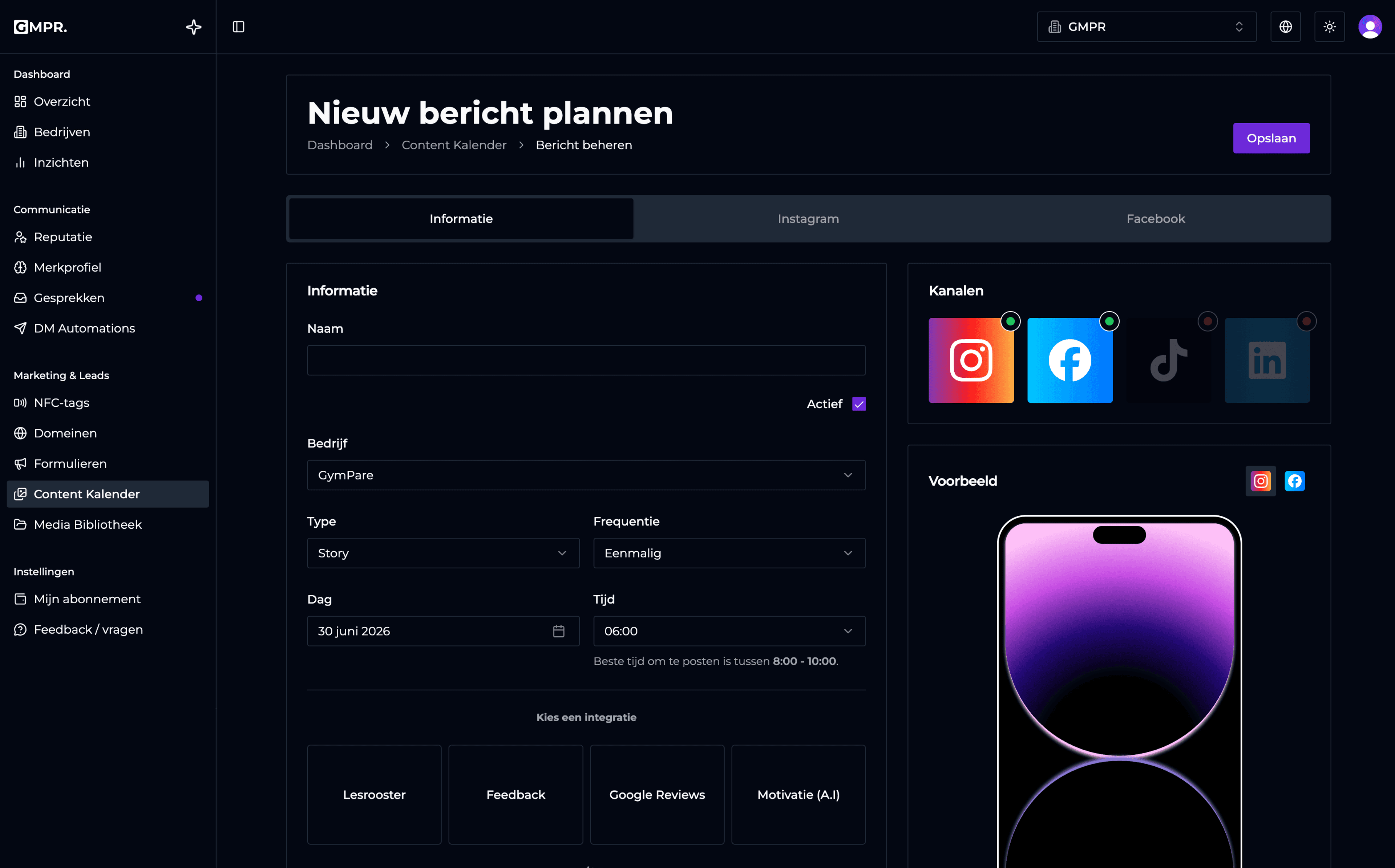 GymPare dashboard met nieuw bericht plannen