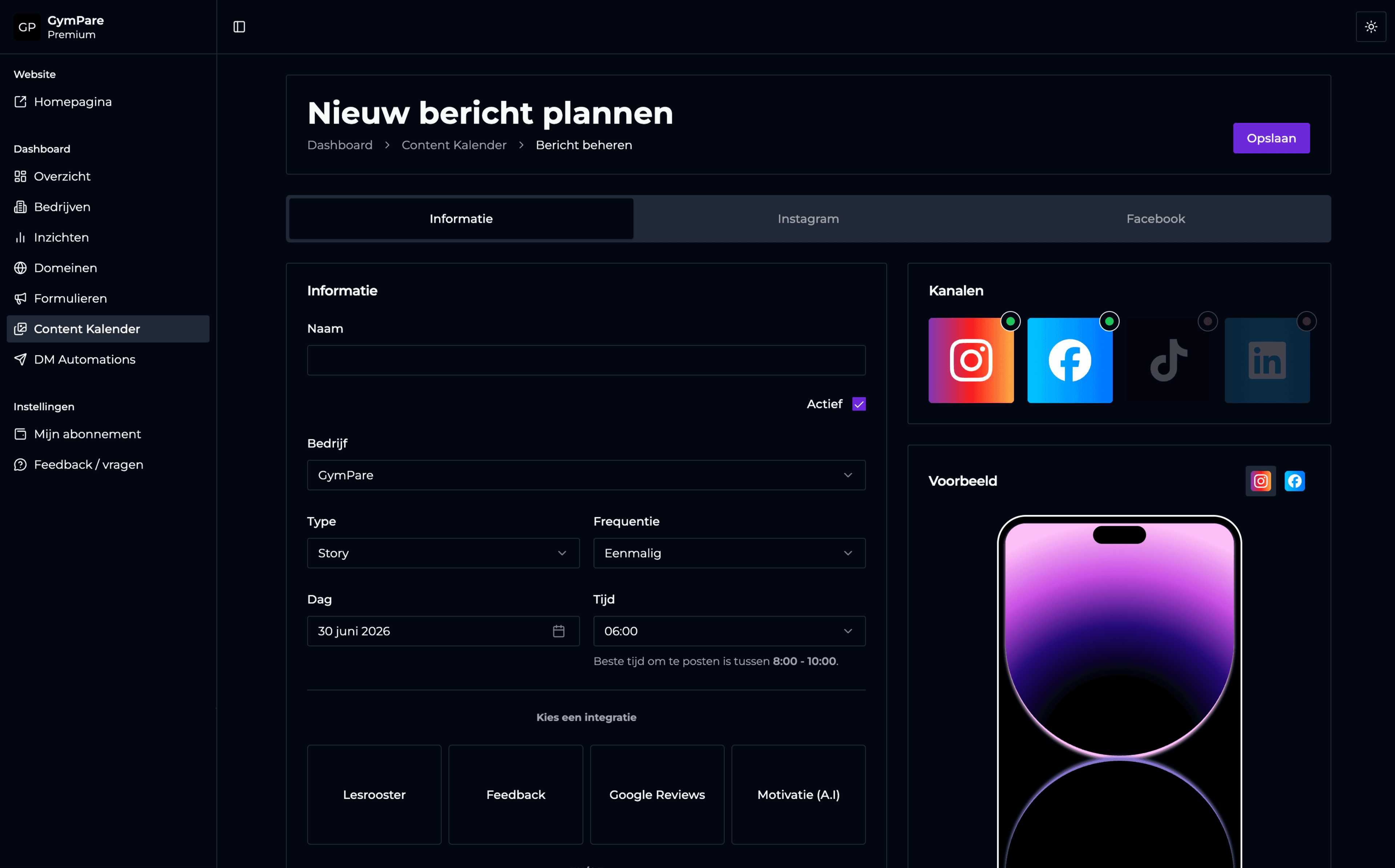 GymPare dashboard met nieuw bericht plannen