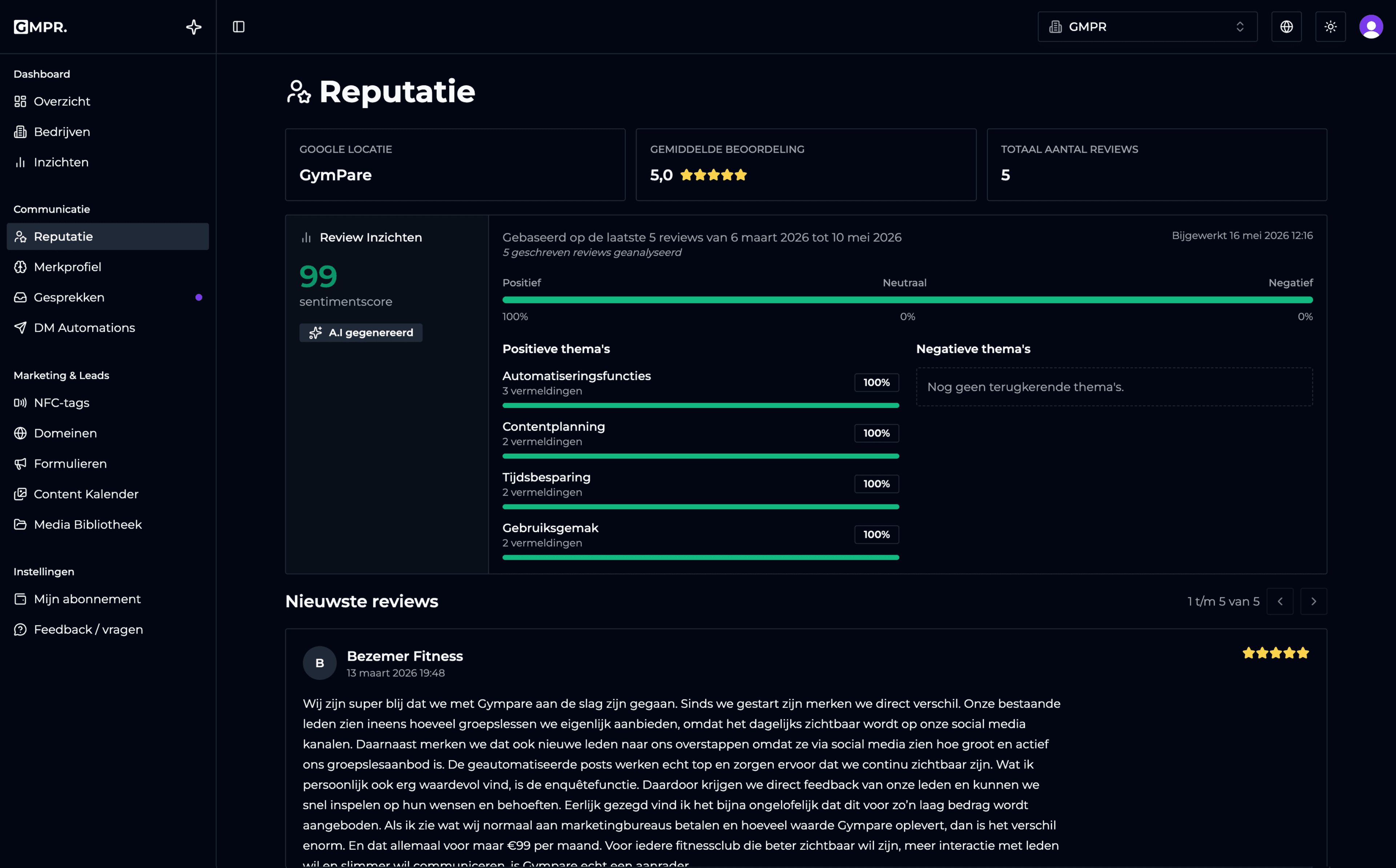 GymPare dashboard met review beheer